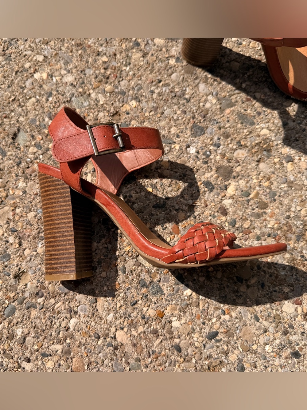 Woven Strap Block Heel Sandals - Rust